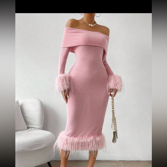 Fuzzy sleeves off shoulder dress - Picture 2 of 5